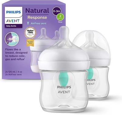 Philips Avent Natural Response Baby Bottle - 2X 125ml Baby Milk Bottle with AirFree Vent, BPA Free for Newborn Babies Aged 0 Months+ (Model SCY670/02)