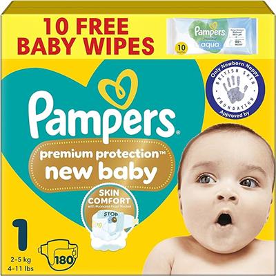 Pampers Premium Protection New Baby Size 1, 180 Nappies, 2kg-5kg, Monthly Pack, The Only Newborn Nappy Approved by British Skin Foundation : Amazon.co