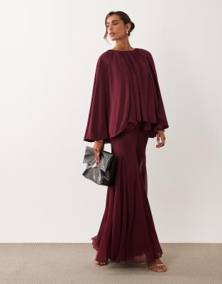 ASOS DESIGN full volume cape maxi dress with godets in berry | ASOS