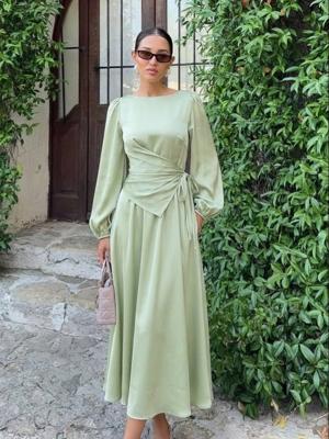 Satin Satin Boat Neck Lantern Sleeve Asymmetrical Maxi Dress For Daily Casual Date