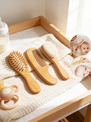 3pcs Baby & Toddler Hair Brush Set - Wooden Infant Comb, Massage Air Cushion Brush, Baby Brush & Comb Set - Soft Bristles, Suitable For Cradle Cap, Ne