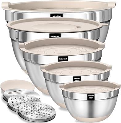 Amazon.com: Umite Chef Mixing Bowls with Airtight Lids Set, 8PCS Stainless Steel Nesting Bowls with Grater Attachments, Non-Slip Bottoms, 5, 4, 3.5, 2