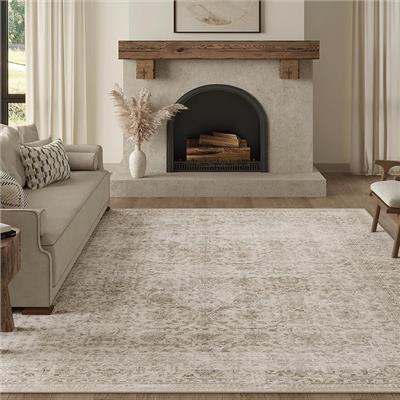 8x10 Washable Area Rug Beige Vintage Neutral Distressed Large Non Slip Carpet