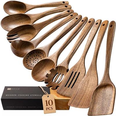 Amazon.com: Hefild Wooden Spoons for Cooking, 10-Piece Acacia Wood Cooking Utensil Set | Spoons and spatulas stir, mix, flip and serve; balanced handl
