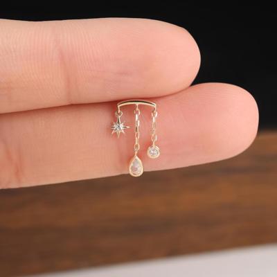 14k Solid Gold Hidden Helix Push Back, Teardrop Star Dangle Chain Hidden Rook Piercing - Etsy