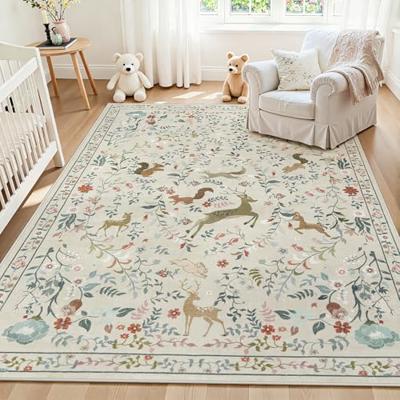 5x7 Area Rugs Washable Rug: Boho Living Room Rug Soft Non-Slip Low Pile Carpet Indoor Floor Non-Shedding Neutral Floral Carpets for Bedroom Dining Roo