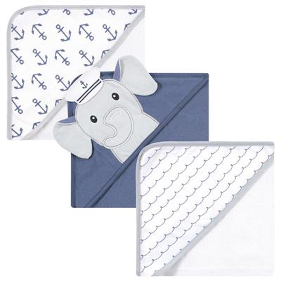 Baby Vision - 3Pk Hudson Baby Unisex Baby Cotton Rich Hooded Towels, Sailor Elephant