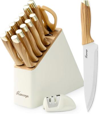 Amazon.com: Hancorys Knife Set, 15 PCS Kitchen Knife Set with Block and Sharpener | German Stainless Steel Gold Chef Knives Set with Ergonomic Wood Gr