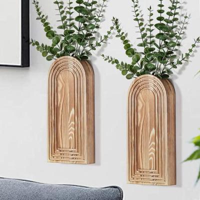 Dnnnii 2 Pack Wooden Wall Vase Set - Brown Finish Modern Farmhouse & Boho Wall Decor for Entryway, Hallway, Bathroom, Living Room, Dining Room, Narrow