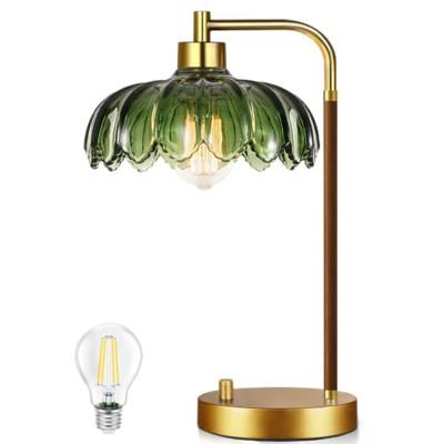 ILLMTW Vintage Table Lamp for Bedroom Living Room,Small Bedside Lamps Dimmable Bedroom Lamp with Glass Green Flower LampShade,Mid Century Modern Mini