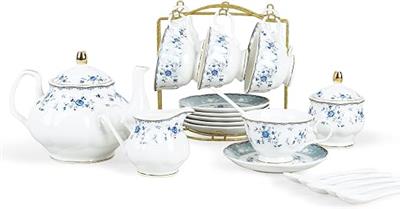 fanquare 21 Pieces British Blue Rose Floral Porcelain Tea Set for Adult | Elegant Coffee Cup and Saucer Set Service for Afternoon Tea Party Gifts : Am