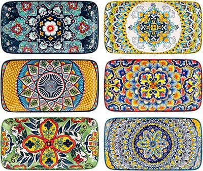 HENXFEN LEAD Serving Plates Porcelain, 8 Inch Small Rectangular Plate Set, Salad Plates for Sushi, Appetisers, Cakes, Bohemian Floral Design in 6 Vibr