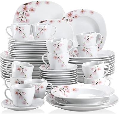 VEWEET 30 Pieces Dinner Set Ivory White with Pink Floral, Annie | Square, Dinner Plates, Dessert Plates, Soup Plates and Cup & Saucer Set, Microwave a