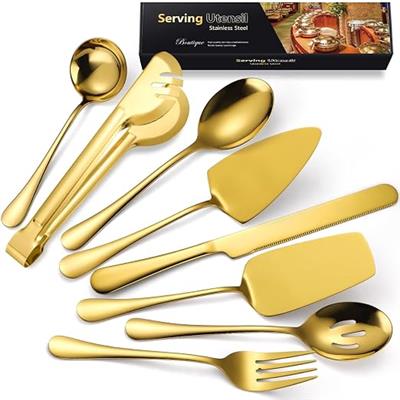 AARAINBOW Large Serving Utensils Set, 8 Pcs Metal Serving Cutlery Set for Parties, Stainless Steel Spoons Fork Tong Ladle for Buffet Catering, Hostess