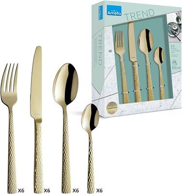 Amefa Felicity Cutlery Set for 6 People, 24 Pieces, Stainless Steel, Hammered Handles, PVD Coated Knives, Forks, Spoons and Teaspoons - Champagne : Am