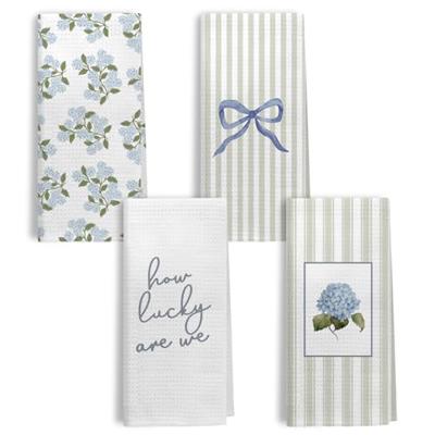 Kemingni Preppy Coquette Blue Bow Hydrangea Floral Kitchen Dish Towels, How Lucky are We Sage Green Striped Flower Decorative Hand Towels for Bathroom