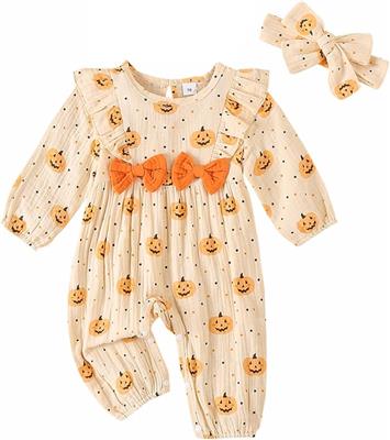 Amazon.com: SAYOO Newborn Baby Girl Halloween Outfit Cotton Linen Pumpkin Jumpsuit Romper Ruffle Sleeve Bodysuit Long Overalls with Bow (Beige Orange,