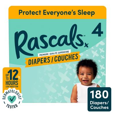 Rascals Premium Absorbent Baby Diapers, Size 4, Mega Carton, 180 Count - Walmart.ca