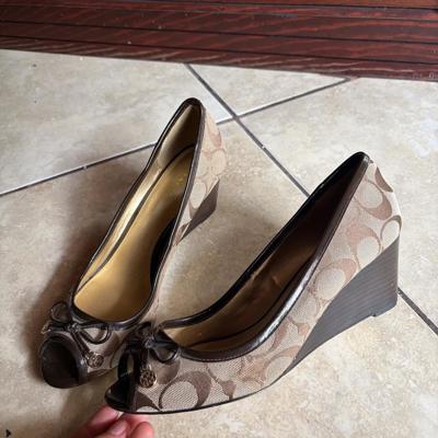 Coach brown peep toe wedge heels insane brown coach... | Depop