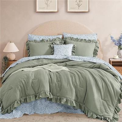 Amazon.com: BLOOMHAVEN Full Comforter Set - 7 Pieces Ruffle Sage Green Bedding Sets, Shabby Chic Farmhouse Bed in a Bag Full with Ruffle Comforter, Fl