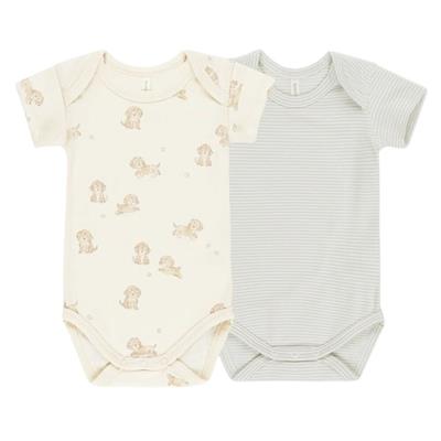 Quincy Mae Short Sleeve Bodysuit, 2 Pack Puppies, Blue Stripe