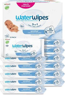WaterWipes Sensitive+ Newborn & Baby Wipes, 99.9% Water, Unscented, 12 Pack | 3-in-1, cleans, cares & protects, hypoallergenic formula, 0% fragrance &