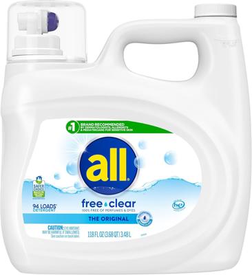 Amazon.com: all Liquid Laundry Detergent Free Clear, Unscented, 118 Ounce, 94 Loads | Controls static cling, hypoallergenic formula, dye and fragrance