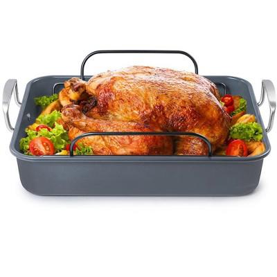 BLACK+DECKER Large Turkey Roasting Pan with Rack, 0.8mm Carbon Steel with Ceramic Non-Stick Coating, For up to 24 lb. Turkey, U-Shaped Rack Included :