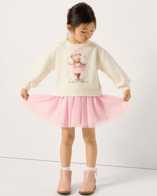 F&F Girls Cotton Rich Bear Ballerina Sweater Dress in Cream - Tesco Groceries