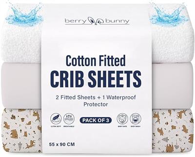 Berry & Bunny 3 Pack Next to Me Crib Sheets 55 x 90 cm – 100% Cotton 2 Fitted Sheets & 1 Waterproof Mattress Protector – Soft Breathable Bedside Crib
