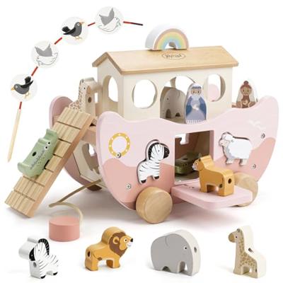 Joyreal Pink Wooden Noahs Ark Toy for 1 Year Old Baby Girl Baptism Gift - Montessori Educational Toy with Animal Shape Sorter - Christian Toys for To