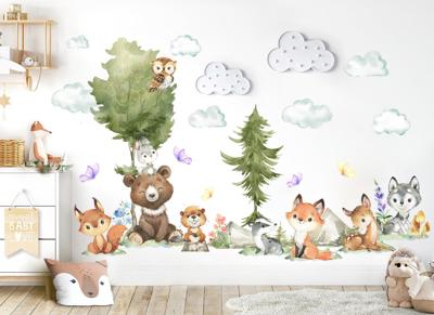 Woodland Babies Sitting on Tree and Mountain Wall Decal - Little Bear Deer Wolf Racoon Owl Fox - BR325 - Etsy Australia
