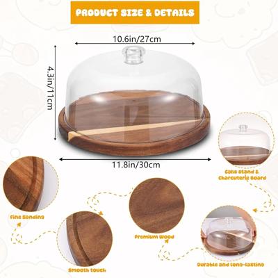 Rainmae 360°Rotatable Cake Stand with Dome Lid, 30cm Acacia Wood Cake Plate with Cover, Wooden Cake Display Stand with Acrylic Dome, Cake Decorating f