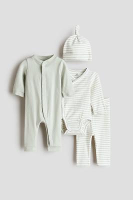 Light dusty green/striped 4-Piece Cotton Set for kids | H&M US