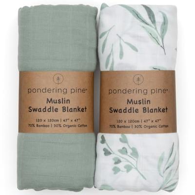 Organic Baby Muslin Swaddle Blankets for Boy or Girl - Eucalyptus Leaves and Sage Swaddling Blanket 2 Pack - Soft Muslin, XLarge and Breathable, Boho