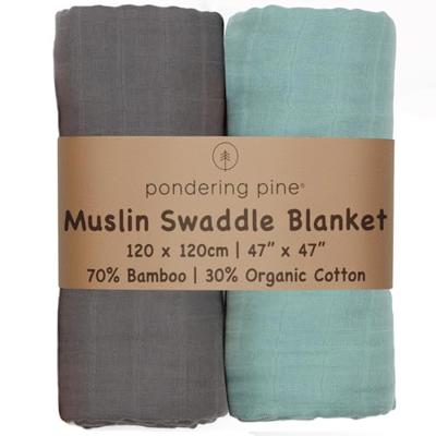 Organic Baby Muslin Swaddle Blankets - Solid Grey and Blue Swaddle Blanket 2 Pack - Soft Organic Cotton and Natural Bamboo Muslin, XLarge and Breathab