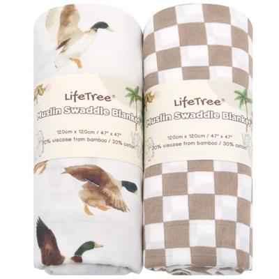 LifeTree Baby Swaddle Blankets, Boys Girls Muslin Swaddling Wrap Receiving Blanket for Newborn, 70% Viscose from Bamboo and 30% Cotton, Large 47 x 47