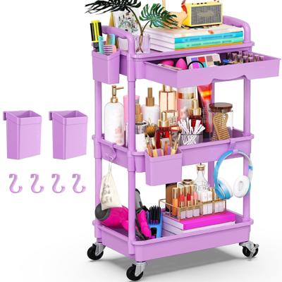Yeabett 3 Tier Rolling Utility Cart Organizer with Removable Drawer, Mobile Storage Carts with 2 Lockable Wheels for Bathroom, Kitchen, Snack, Craft,