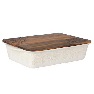 The Pioneer Woman 9 x 13 Vintage Lace Ceramic Casserole Baking Dish with Wood Lid, Linen - Walmart.com