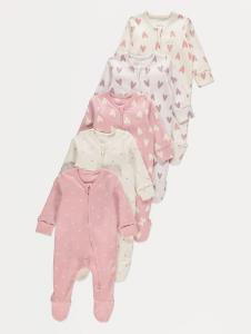 Pink Heart Print Zip Fasten Sleepsuits 5 Pack | Baby | George at ASDA
