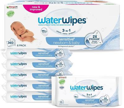 WaterWipes Sensitive+ Newborn & Baby Wipes, 99.9% Water, Unscented, 6 Pack | 3-in-1, cleans, cares & protects, hypoallergenic formula, 0% fragrance &