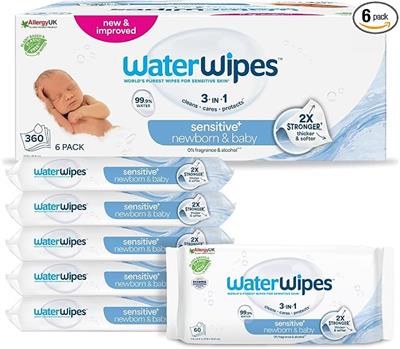 WaterWipes Sensitive  Newborn & Baby Wipes, 99.9% Water, Unscented, 6 Pack | 3-in-1, cleans, cares & protects, hypoallergenic formula, 0% fragrance &