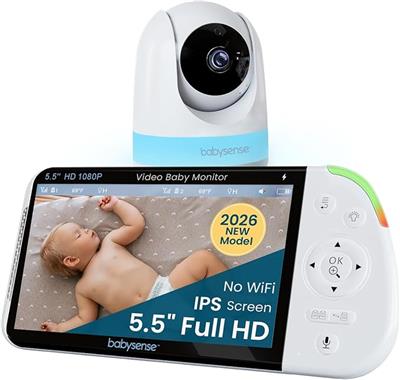 Babysense PRO Non-WiFi Full HD Split-Screen Baby Monitor with 1 PTZ Camera, Night Vision, Two-Way Talk, 6-Color Night Light, 5000mAh Battery, Long Ran