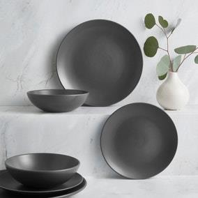 Stoneware Charcoal 12 Piece Dinner Set | Dunelm