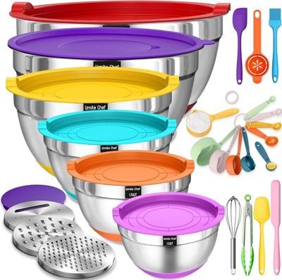 Amazon.com: Mixing Bowls with Airtight Lids Set, 26PCS Stainless Steel Khaki Bowls with Grater Attachments, Non-Slip Bottoms & Kitchen Gadgets Set, Si