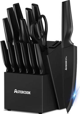 Amazon.com: Astercook 15 Pieces Kitchen Knife Block Set with Sharpener, Black | Built-in Sharpener Block, Dishwasher Safe, German Stainless Steel, Erg