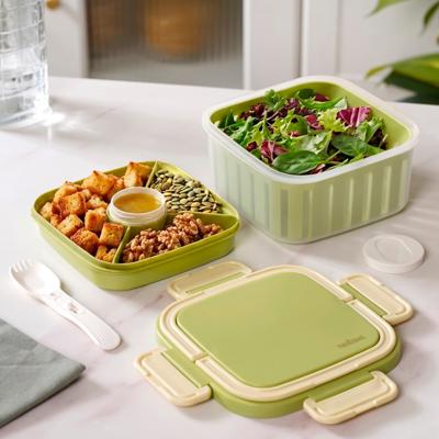 Crispo Salad Box With Dressing Cup And Spoon Green 1350ml Online - Premium Lunch Box | Nestasia