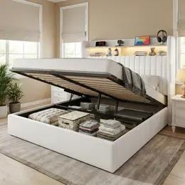 HOOMIC Full Queen King Size Lift Up Storage Bed Frame with Charging Station, Featuring a Storage Shelf Headboard with USB and Type-C Ports, Hydraulic