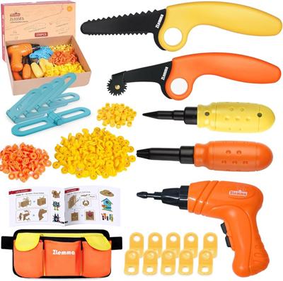 ZLemma Kids Cardboard Tool Kit- 258 Piece Cardboard Construction Toolbox – with Drill, Safety Saw, Scorer, Hinges & Bolt, Portable Waist Bag, Gift Box