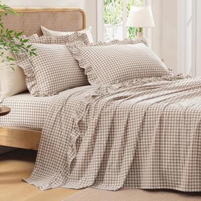 Andency Queen Size Washed Cotton Gingham Soft Breathable Sheets Set Taupe